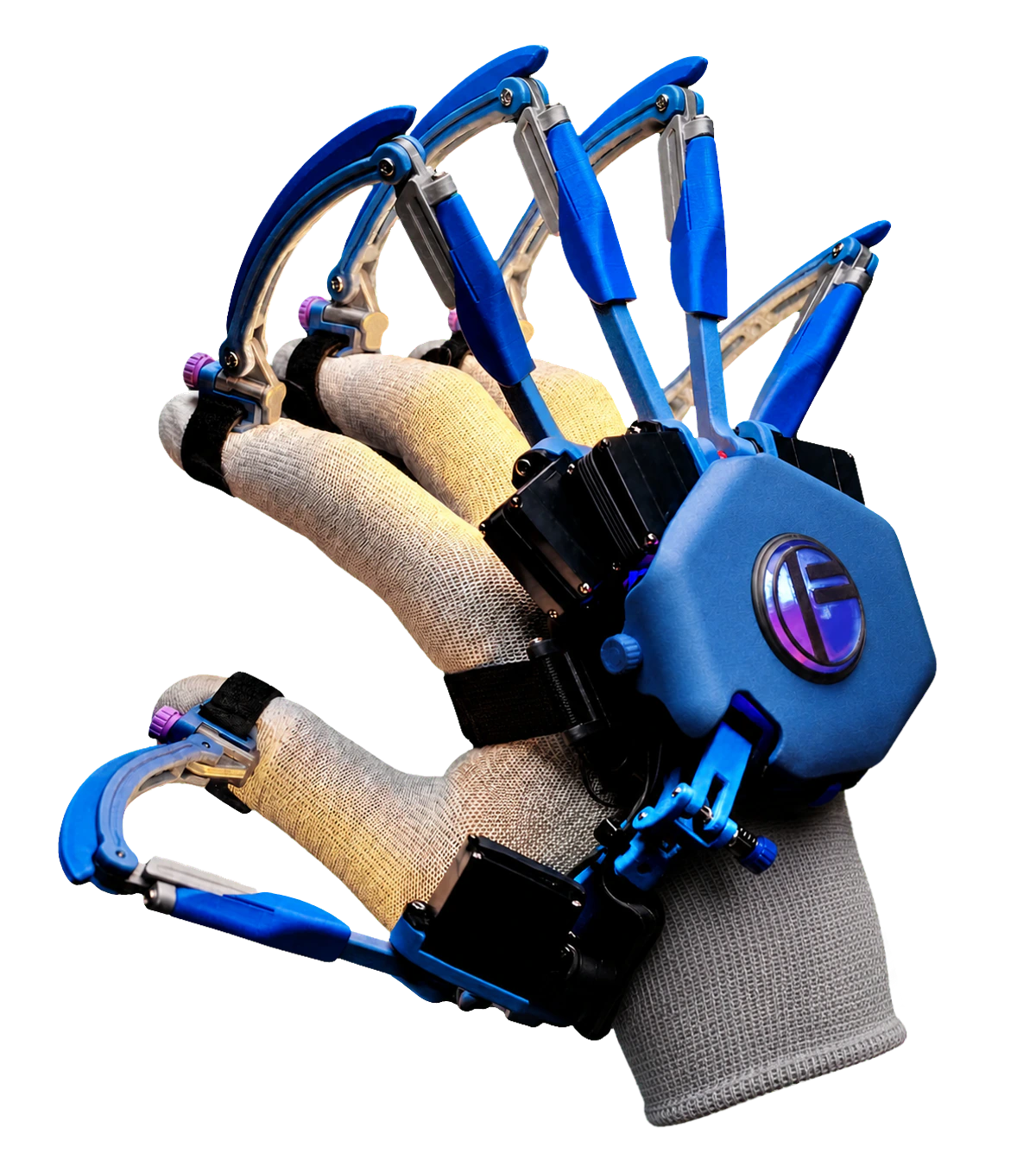 Close-up of the FELYA LABS haptic glove with blue finger mechanisms over a fabric glove.